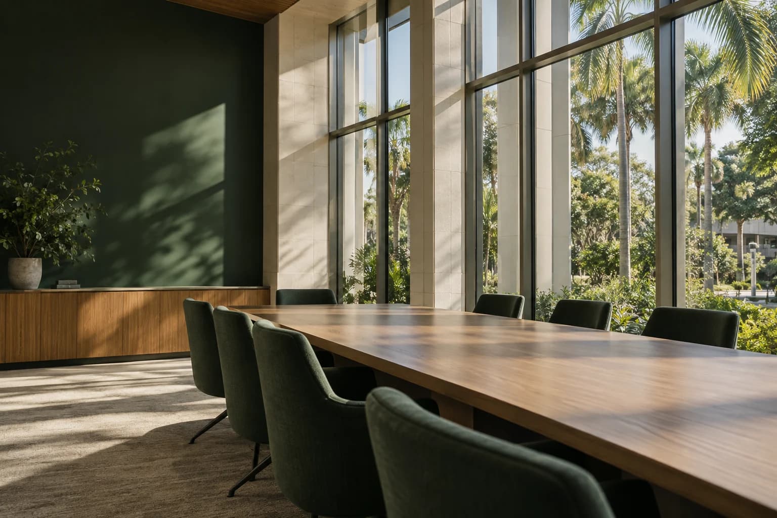Illustrative Florida boardroom with an oak table and garden-facing windows.