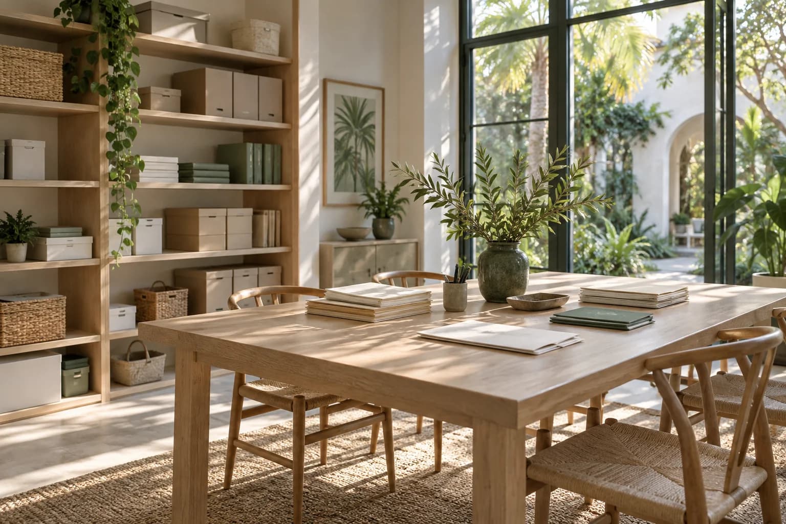 Illustrative nonprofit workroom with organized folders and community supplies in natural light.