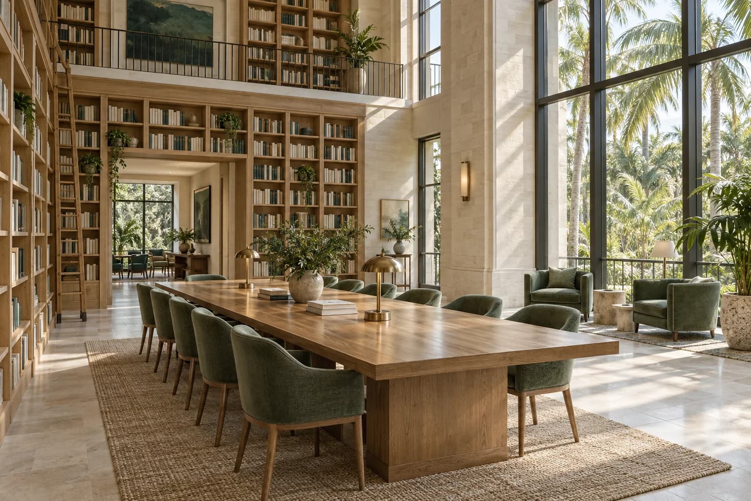 Illustrative private school library with oak bookshelves, shared study tables and palm views.
